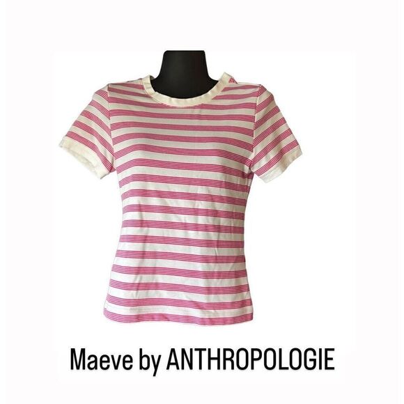 Maeve by ANTHROPOLOGIE pink white striped shirt tee top women’s small - Picture 1 of 7